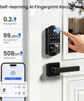 Experience effortless security with an 8-in-1 fingerprint smart lock featuring app control, installed on a white door.