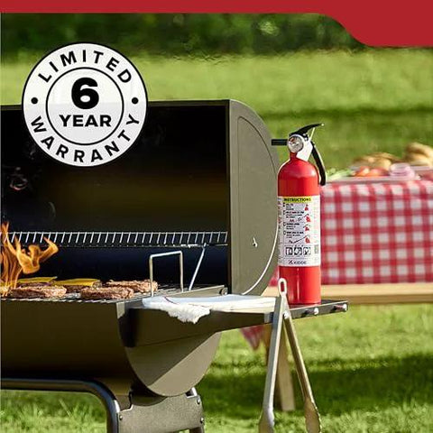 Multi Purpose Fire Extinguisher 1A10BC For Home Office Dorm And Residential Use beside outdoor grill