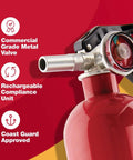 Close-up of a Home Fire Extinguisher UL Rated 1A 10B C Multipurpose Unit with metal valve and pressure gauge.