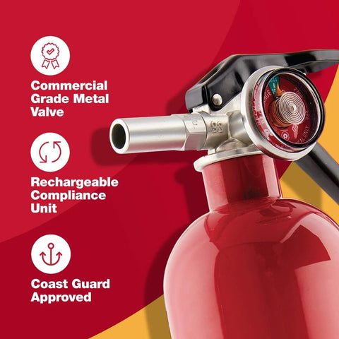 Close-up of a Home Fire Extinguisher UL Rated 1A 10B C Multipurpose Unit with metal valve and pressure gauge.