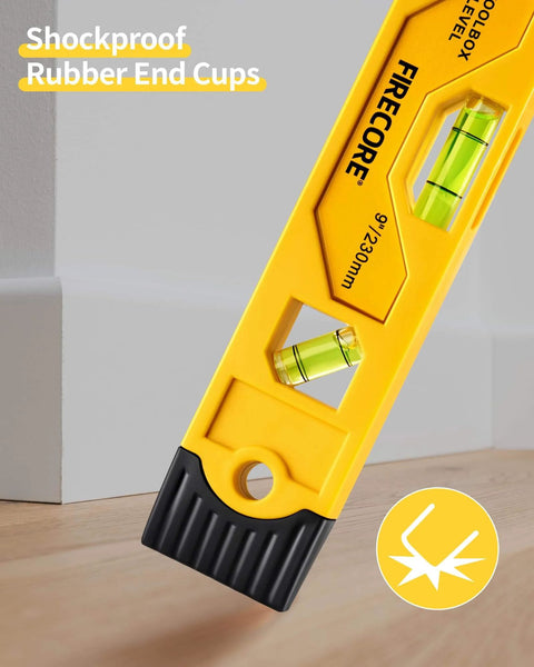 Close-up of Firecore 9 Inch Torpedo Level Magnetic with shockproof rubber end, showing 3 bubble spirit levels for 45 90 180 degrees.
