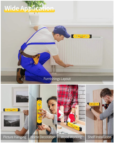 A worker using a Firecore 9 Inch Magnetic Torpedo Level for home renovation, including picture hanging and shelf installation.