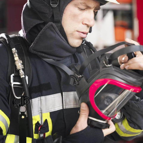 Firefighter adjusting mask with Mask Quick Release Clip With Leather Handle For Firefighter And Marine Rigging Marine Grade 316 Stainless Steel Snap Shackle attached to gear.