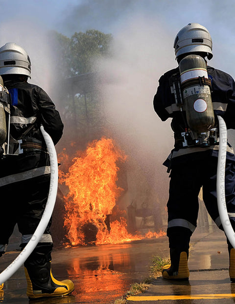 Firefighters using Fire Hose 2 Inch ID 25 Ft Single Jacket TPU Firefighter Hose With M And F NST NH Brass Couplings 750 PSI Burst Pressure