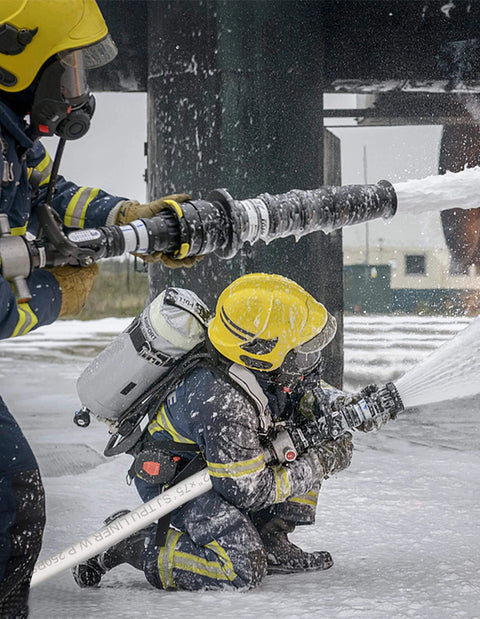 Firefighters using Fire Hose 2 Inch ID 25 Ft Single Jacket TPU Firefighter Hose With M And F NST NH Brass Couplings 750 PSI Burst Pressure