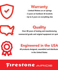Firestone Airide warranty and quality information for rear air springs kits, engineered in the USA, with lifetime warranty details.
