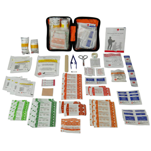 Four Person 72 Hour Deluxe Emergency Kit Backpack With First Aid Gear showing open first aid kit and supplies.