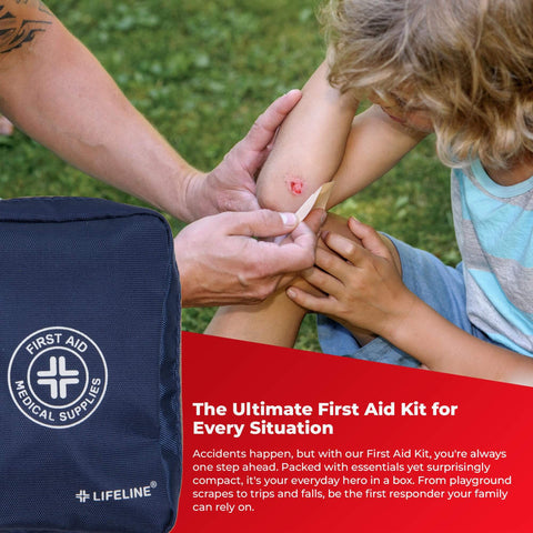 A parent applying a bandage to a child's knee next to a blue First Aid Medical Supplies bag outdoors.