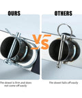 Comparison showing Stainless Steel Hitch Mounted Fishing Rod Holder For 2 Inch Hitch Receivers with secure pin vs loose pin