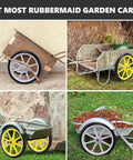 20 Inch Flat Free Tire and Wheel Set of 2 with solid polyurethane airless design for Rubbermaid garden carts shown in various angles.