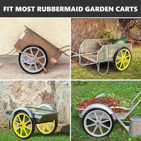 20 Inch Flat Free Tire and Wheel Set of 2 with solid polyurethane airless design for Rubbermaid garden carts shown in various angles.