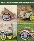 20 Inch Flat Free Tire and Wheel Set of 2 in yellow on Rubbermaid garden carts, showcasing airless design and durable construction.