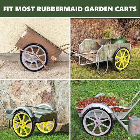 20 Inch Flat Free Tire and Wheel Set of 2 in yellow on Rubbermaid garden carts, showcasing airless design and durable construction.