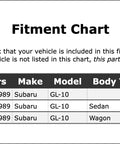 Fitment chart for 1985-1989 Subaru GL-10 Sedan and Wagon models.