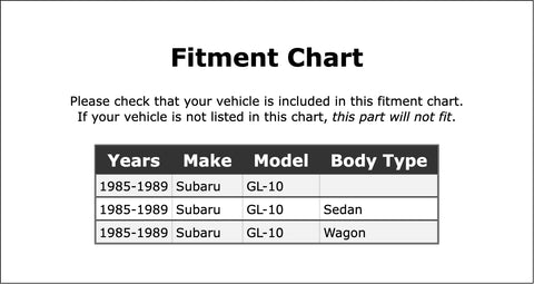 Fitment chart for 1985-1989 Subaru GL-10 Sedan and Wagon models.