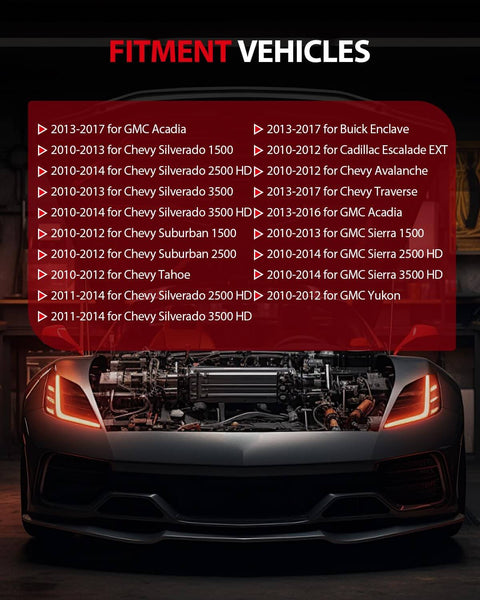 Image showing AC Blower Motor fitment guide with list of compatible Chevy, GMC, Buick models over a car engine background.