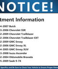 Fitment information notice for 2002-2009 SUV models including Chevrolet Trailblazer and GMC Envoy.