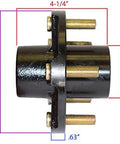 Side view of Five Bolt Hub Assembly For Four And A Half Inch With Beefed Up Two One And One Sixteenth Inch Straight Spindles and Bearings, showing dimensions.