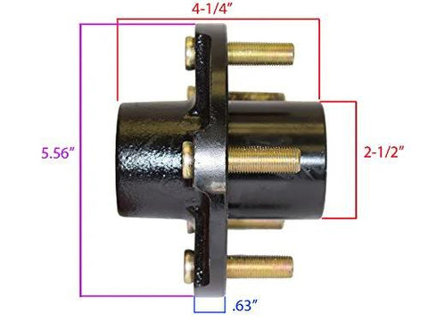Side view of Five Bolt Hub Assembly For Four And A Half Inch With Beefed Up Two One And One Sixteenth Inch Straight Spindles and Bearings, showing dimensions.