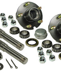 Five Bolt Hub Assembly For Four And A Half Inch With Beefed Up Two One And One Sixteenth Inch Straight Spindles And Bearings Includes Castle Nuts And Cotter Pins Races Hub Four And A Half Inch Bolt Circle Pilot Diameter Two And A Half Inches Flange, showing full kit components assembled.