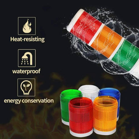 Five Stack LED Signal Tower Light With 85dB Buzzer And 180 Degree Rotatable Base For CNC And Factory Automation, 24V DC Industrial Warning Light Featuring Red Yellow Green Blue White LEDs, YJINGRUI with colored light sections and icons indicating heat resistance, waterproofing, and energy conservation.