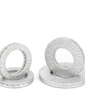 Five Eighth Inch Belleville Self Locking Washers stacked in a set, showcasing stainless finish for automotive equipment use