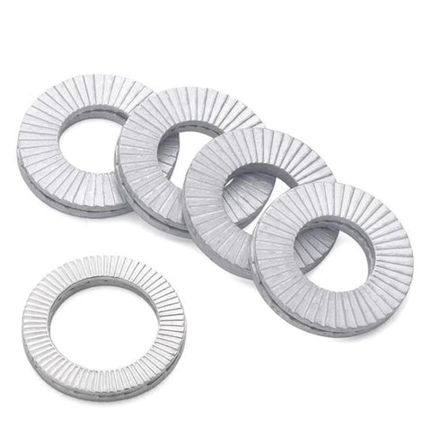 Five Eighth Inch Belleville Self Locking Washers For Automotive Equipment, silver, textured finish, set of five washers