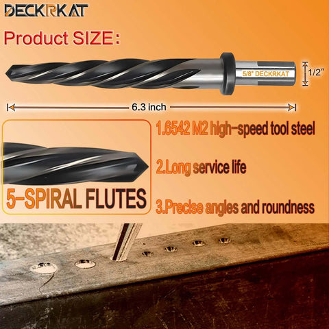 Five Eighth Inch HSS Reamer Drill Bit For Metal And Wood Taper Reamer For Precise Hole Alignment And Enlargement, 5 Spiral Flutes