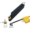 Five Eighth Inch Metal Lathe Tool Holder With 10 Pc RCMT10T3 R5 Carbide Turning Inserts, shown with parts and measurements.