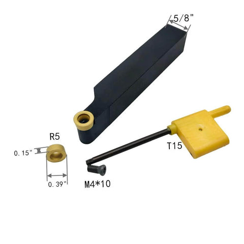 Five Eighth Inch Metal Lathe Tool Holder With 10 Pc RCMT10T3 R5 Carbide Turning Inserts, shown with parts and measurements.