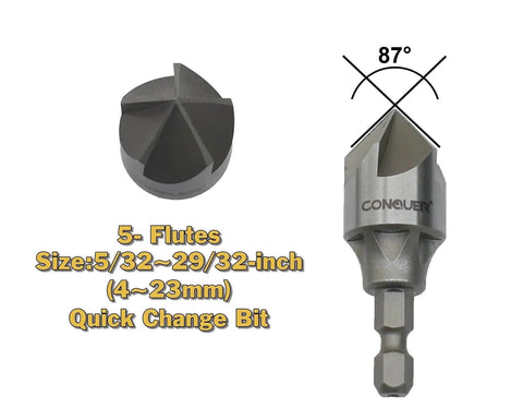 Five Flute Metal Countersink Drill Bit With Eighty Seven Degree Head For One Quarter Inch Hex Shank Designed For Holes From Three To Nineteen Mm Beveling Chamfer Tool For Hole Shaping Inner Pipe Reamer CONQUER Tools