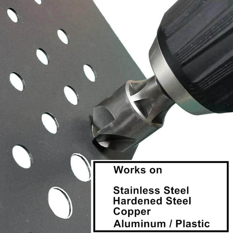 Close-up of Five Flute Metal Countersink Drill Bit With Eighty Seven Degree Head For One Quarter Inch Hex Shank in use on metal.