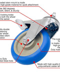 Heavy Duty Five Inch Blue Caster Wheel With Dual Locking Brake For Three Eighths To One Point Two Inch Threaded Stem Mounts 350 Lb Capacity Per Wheel Premium Polyurethane Non Marking No Noise Four Pack Ideal For Carts Dollies Workbenches And Equipment showing close-up of blue polyurethane wheel with locking brake and metal stem.