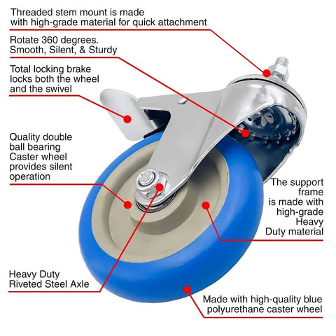 Heavy Duty Five Inch Blue Caster Wheel With Dual Locking Brake For Three Eighths To One Point Two Inch Threaded Stem Mounts 350 Lb Capacity Per Wheel Premium Polyurethane Non Marking No Noise Four Pack Ideal For Carts Dollies Workbenches And Equipment showing close-up of blue polyurethane wheel with locking brake and metal stem.