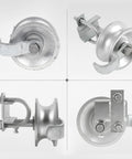 Four views of five inch sliding gate rollers two pack for chain link gates, compatible with two inch gate frame and one and five eighths inch track pipe, galvanized steel hardware.