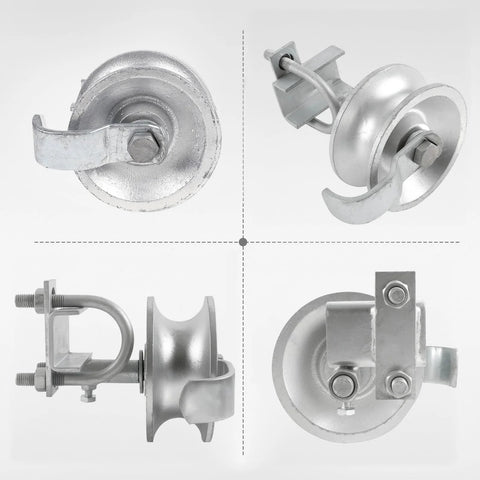 Four views of five inch sliding gate rollers two pack for chain link gates, compatible with two inch gate frame and one and five eighths inch track pipe, galvanized steel hardware.