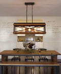 Five Light Rectangular Farmhouse Pendant Chandelier Black With Oak Wood And Metal 65 Inch Adjustable Chain For Dining Room And Kitchen Island Linear Rustic Modern Lighting Fixture