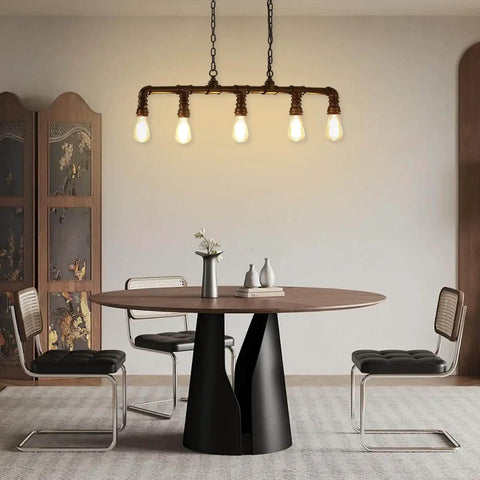 Rustic Industrial Tube Pipe Chandelier With Five Light Edison Style Steampunk Pendant Light Fixture in dining setup