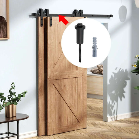 Installed barn door showing Five Pack 2 Inch Sliding Barn Door Spacers For Wall Installation With Lag Bolts, Carbon Steel Hardware.