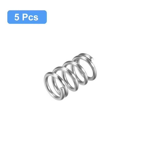 Five Pack Stainless Steel Compression Spring Set, 12mm Outer Diameter, 1.6mm Wire, 20mm Free Length, 304 Stainless Steel, Silver Tone, Even Spacing.