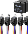 Front view of Five Pack Waterproof Automotive Relay And Harness Set Beefed-Up Heavy Duty 40/30 Amp SPDT 5 Pin Relays 12 AWG Tinned Copper Wires Prewired Harness 12V DC All Weather Car And Truck Electrical Relay Kit