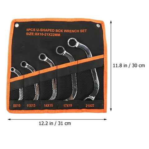 Five Piece Steel Box Wrench Set With 12 Point Metal Socket Spanners For Automotive And Home Repair in a black and orange pouch