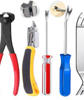 Five piece upholstery staple remover and nail puller kit with red, blue, yellow tools on white background.