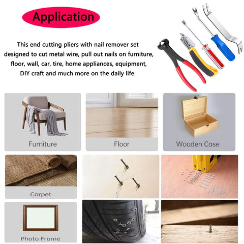 Five piece upholstery staple remover and nail puller kit with various application images showing tools and usage.