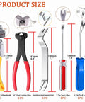 Five piece upholstery staple remover and nail puller kit with dimensions and descriptions of each tool including end cutter plier.