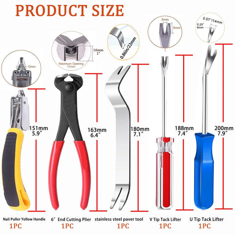 Five piece upholstery staple remover and nail puller kit with dimensions and descriptions of each tool including end cutter plier.