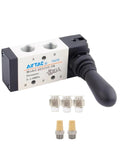 Front view of Five Port Two Position Hand Lever Pneumatic Valve 4HA210-08 with attachments and spring return feature.
