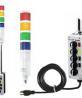 Five Stack LED Andon Tower Light with 8 Foot Industrial Power Cord, includes switch box and pole, indoor industrial grade.