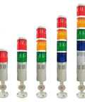 Five Stack LED Signal Tower Light With 85dB Buzzer And 180 Degree Rotatable Base For CNC And Factory Automation, various sizes shown.