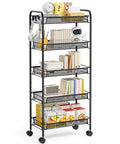 Five Tier Metal Utility Cart On Wheels With Three Hooks For Kitchen Bathroom And Laundry Room Storage Easy Assembly Mobile Trolley Perfect For Home Office Garage Or Studio Organizing Durable Steel Shelving Unit With Sturdy Wheels TOOLF with items on shelves
